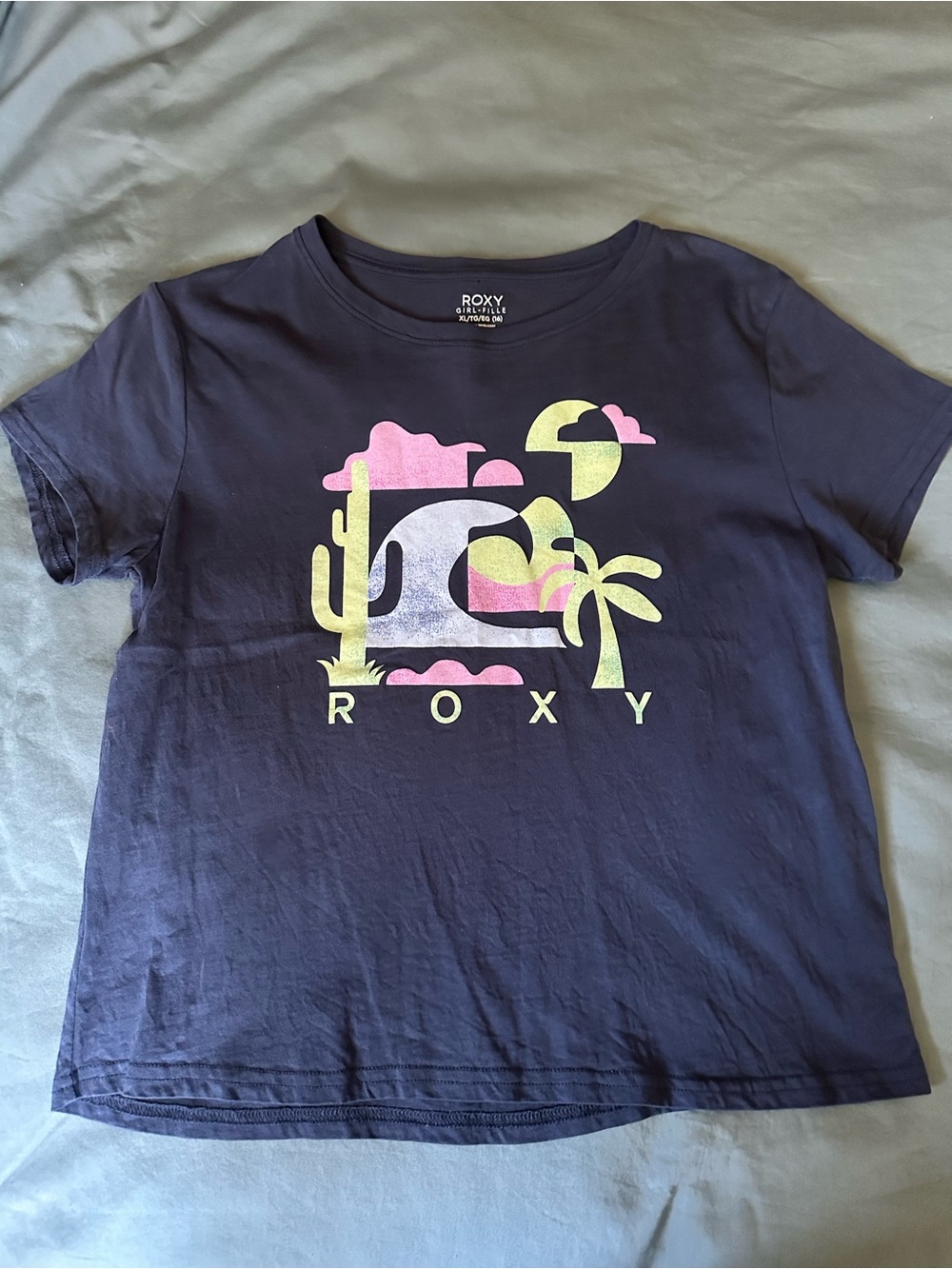 Roxy Girls' Navy Graphic Tee with Pink & Yellow Sunset XL 16